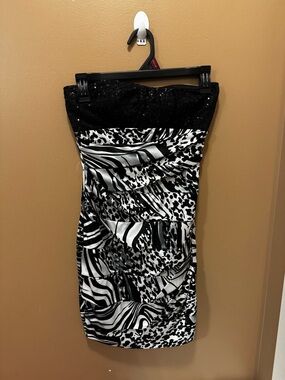 Xhilaration Black and White Strapless Animal-Print Cocktail Dress